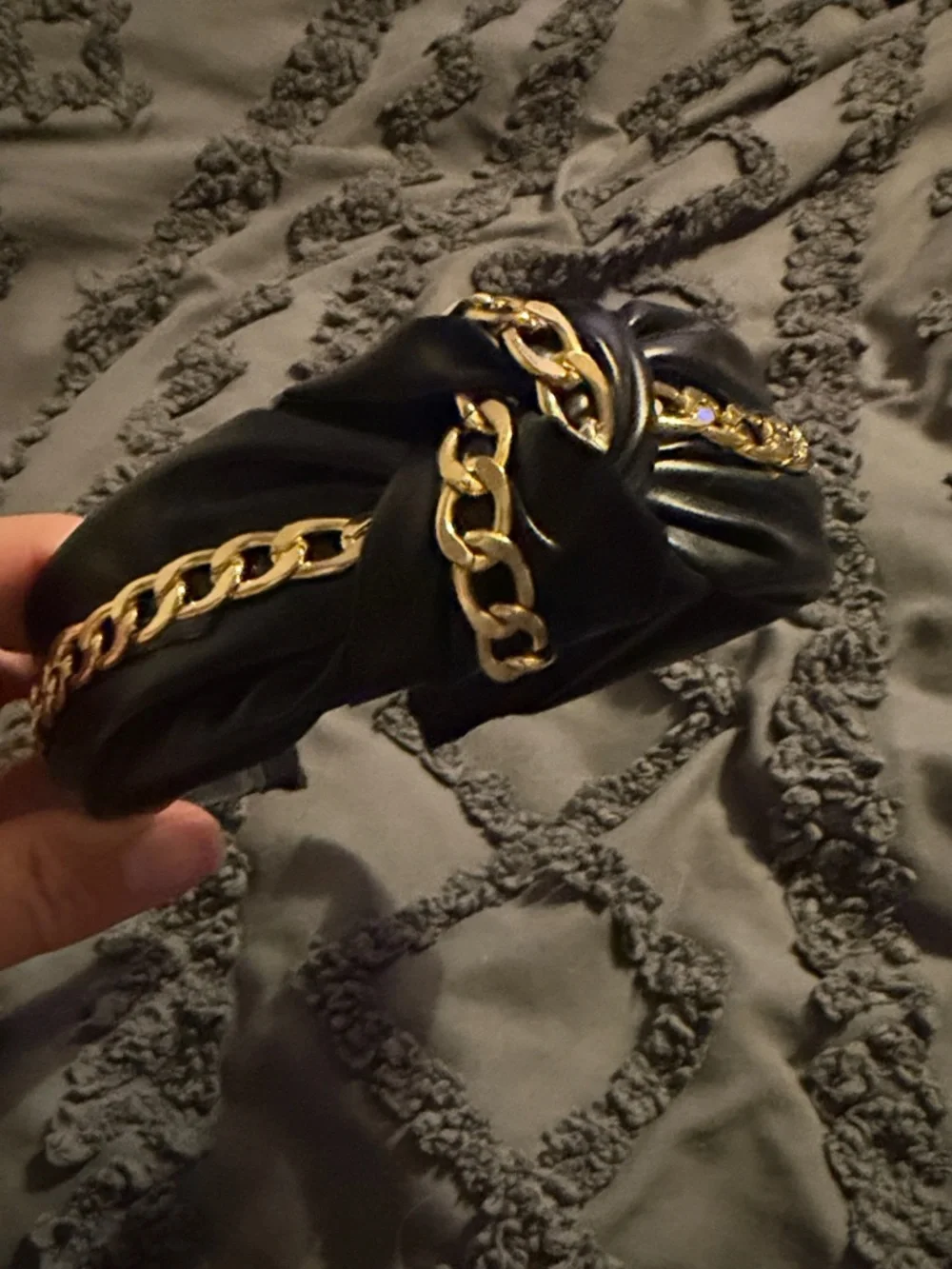 Black Padded Knot Headband with Gold Chain Detail